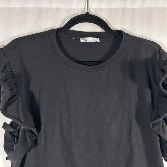 Zara Blouse Women's Medium Solid Black Short Sleeve 100% Cotton - Picture 2 of 9